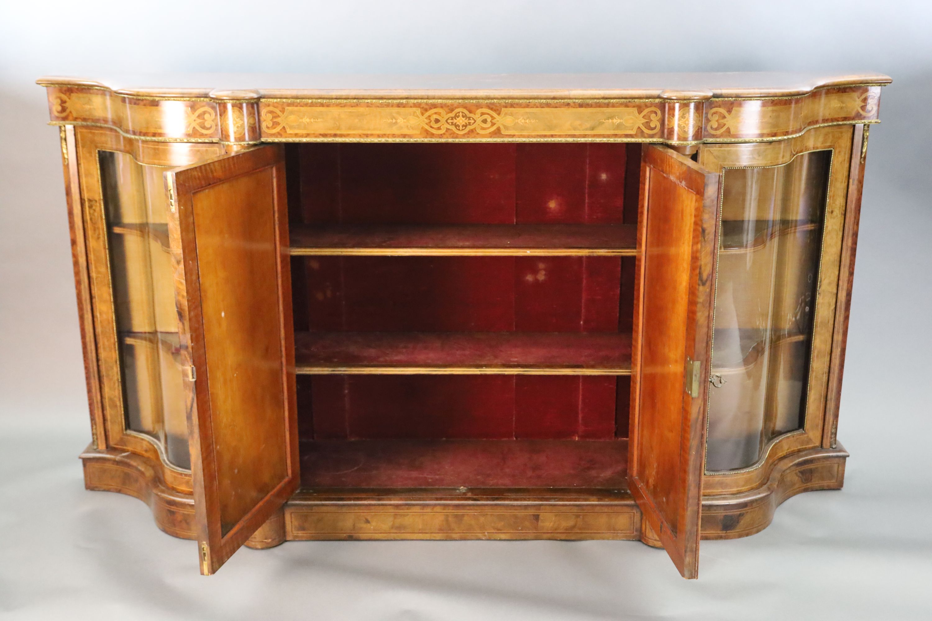 A Victorian figured walnut and marquetry side cabinet, W.6ft 6in. D.1ft 5in. H.3ft 6in.